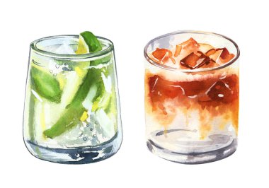 Bir dizi suluboya el resmi Cin tonik ve viski kokteyl bardağı ve beyaz arka planda limon dilimi basit bir çizim çizimi. Bar menüsü, sosyal medya, reklamlar ve posterler için DIY ögeleri