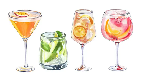 Bir dizi suluboya el yazısı kokteyl kadehi beyaz arka planda basit bir çizim. Bar menüsü, sosyal medya, reklamlar ve posterler için DIY ögeleri