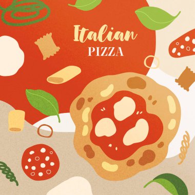 Vektör el boyası geleneksel İtalyan mutfağı: pizza, lazanya makarna çizimi. Mönü, posterler ve sosyal medya afişleri için şirin düz el çizimi simgesi şablonu