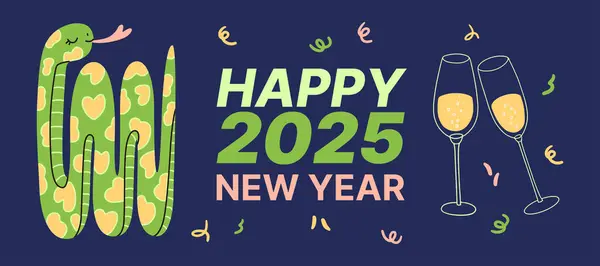 Şirin yeni yıl 2025 sembolü yılan modern el boyaması illüstrasyon pankartı. Marka kapağı, kart, poster, web sitesi afişi için soyut el çizimi işaret vektörü Clipart tasarımı. 