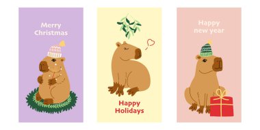 Şirin Noel capybara egzotik hayvan vektörü illüstrasyon afişi Güney Amerika memeli kartpostalı veya çizgi film düz yeni yıl vektör şablonu