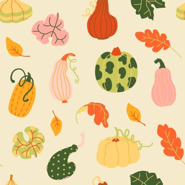 Sonbahar hasadı çeşitli balkabakları ve yapraklar elle çizilmiş basit, pürüzsüz desenler. Çocuk kitapları, kağıt kağıtları ve sosyal medya için modern klip sanatı duvar kağıdı