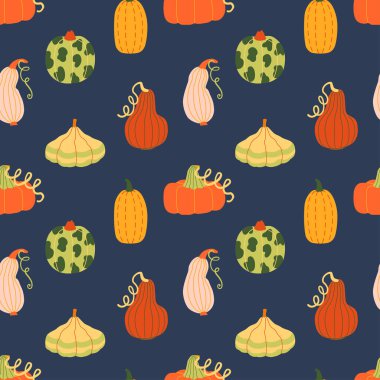 Sonbahar hasadı çeşitli balkabakları ve yapraklar elle çizilmiş basit, pürüzsüz desenler. Çocuk kitapları, kağıt kağıtları ve sosyal medya için modern klip sanatı duvar kağıdı