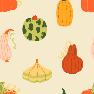 Sonbahar hasadı çeşitli balkabakları ve yapraklar elle çizilmiş basit, pürüzsüz desenler. Çocuk kitapları, kağıt kağıtları ve sosyal medya için modern klip sanatı duvar kağıdı