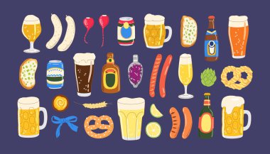Farklı bira bardakları ve şişeler, krakerler, sosisler, hop ve koyu arka planda izole edilmiş diğer geleneksel Alman yemekleri. Oktoberfest bira festivali için elle çizilmiş modaya uygun düz vektör çizimleri, demleme kavramı.