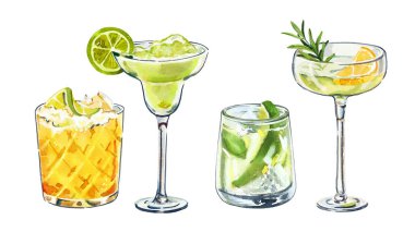 Bir dizi suluboya el yapımı aperatif cin ve tonik kokteyl bardağı ile beyaz arka planda basit bir çizim çizimi. Bar menüsü, sosyal medya, reklamlar ve posterler için DIY ögeleri