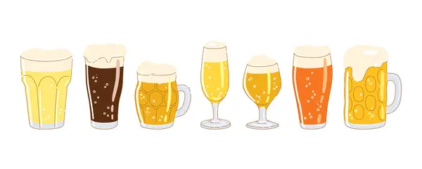 Beyaz arka planda izole edilmiş farklı bira bardakları. Bar menüsü, bira festivali, demlenme konsepti için el çizimi modaya uygun düz vektör çizimleri.