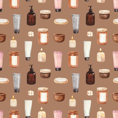 Suluboya el boyası ev yapımı spa banyo dekoru çizimleri. Sabun, kavanoz, havlu, kozmetik. El boyası, pürüzsüz desen, duvar kağıdı, ambalaj kağıdı.