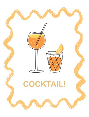 Vektör el boyası geleneksel İtalyan aperatifi spritz kokteyl resimleme çerçevesi. Sevimli düz düz el çizimi modern iç mimari poster şablonu