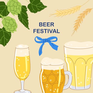 Basit arka planda izole edilmiş farklı tipte bira bardakları olan kartpostalları alkışlayın. Bar menüsü ve bira festivali için el çizimi modaya uygun düz vektör çizimleri.