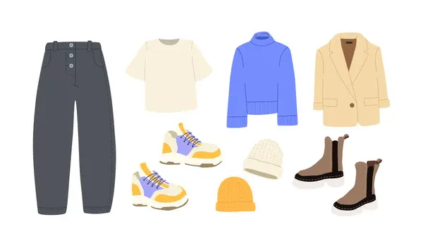 Giysileri, ayakkabıları, kazağı, ceketi, spor ayakkabıları ve örgü şapkaları olan modern alışveriş illüstrasyonları. E-ticaret, perakende veya teknoloji projeleri için son moda düz tasarım. Dijital kullanım için basit ve canlı vektör sanatı