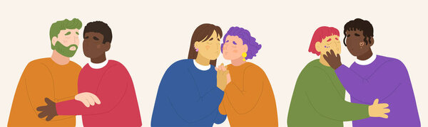 Colorful Valentine's Day gender-diverse cute couples. Hand drawn LGBTQ concept in modern flat vector illustration style.