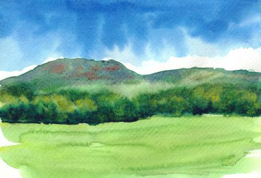 Soyut el yapımı suluboya gökyüzü ve dağların manzarası arka plan, modern desenli resim. Tebrik kartları, afişler ve sosyal medya için modaya uygun yaratıcı bir geçmiş