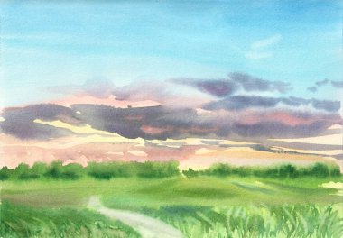 Soyut el yapımı suluboya günbatımı gökyüzü manzarası arka planı, modern desenli resim. Tebrik kartları, afişler ve sosyal medya için modaya uygun yaratıcı bir geçmiş