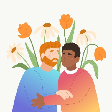 Renkli sevgililer günü cinsiyet çeşitliliği olan sevimli bir çift. Modern düz vektör illüstrasyon biçiminde el çizimi LGBTQ konsept kartı.