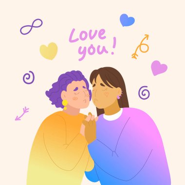 Renkli sevgililer günü cinsiyet çeşitliliği olan sevimli bir çift. Modern düz vektör illüstrasyon biçiminde el çizimi LGBTQ konsept kartı.