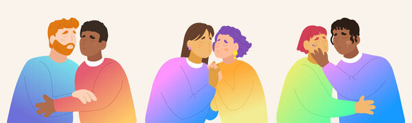 Colorful Valentine's Day gender-diverse cute couples. Hand drawn LGBTQ concept in modern flat vector illustration style.