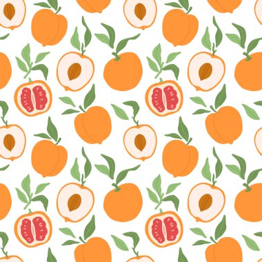 Lezzetli şeftali ve portakallar, yapraklar ve dilimler resimsiz desen. Modern el portakal meyveli duvar kağıdı çizdi kitaplar, kırtasiye, afişler ve sosyal medya için.