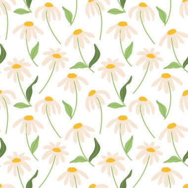 Vektör yay papatya çiçekleri ve çizimler pürüzsüz desen bırakıyor. Modern el, kitaplar, kırtasiye, pankartlar ve sosyal medya için çiçek tokası çizdi.