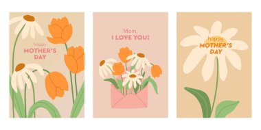 Modern basit tarzda mutlu anneler günü düz vektör çizimi. El çizimi laleler ve papatya çiçekleri. Önceden yapılmış tebrik kartı şablonu ayarlandı