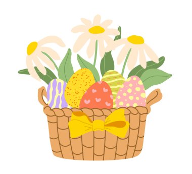 Paskalya yumurtaları ve çiçek demeti sepet vektör illüstrasyon koleksiyonunda. Kitaplar, kırtasiyeler, afişler ve sosyal medya için modern el çizimi papatya klipsi