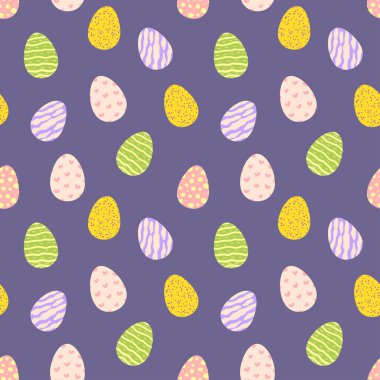 Renkli Paskalya yumurtaları, vektör çizimi kusursuz desen. Duvar kağıtları, ambalaj kağıtları, afişler ve sosyal medya için modern el çizimi arkaplan sanatı