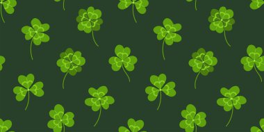 Modaya uygun yonca yeşili yapraklar kusursuz el çizimi vektör çizimi. İrlanda bayramı Kelt Günü. Geçmişi, duvar kağıtları ve ambalaj kağıtları için pürüzsüz bir düzen.