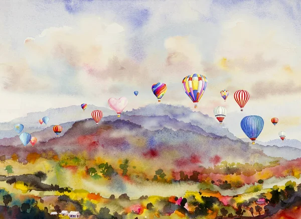 Hot air balloon festival on scenery village, mountain in the panorama view watercolor landscape painting colorful and emotion nature autumn season in sky background. Hand paint abstract illustration