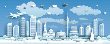New zealand architecture travel landmarks of Auckland, wellington and Cyril Bassett famous and popular, Tour cityscape with panorama view, paper origami, paper art for travel poster and postcard.