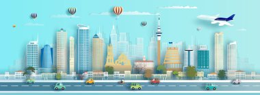 Illustration travel landmarks New Zealand architecture monument in wellington, cyril bassett city famous downtown. Tour New Zealand popular capital cityscape, Vector illustration paper art, paper cut.