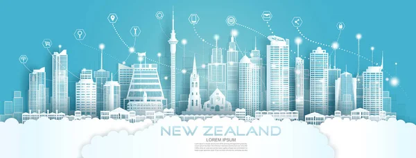 Tecnología Comunicación Red Inalámbrica Ciudad Inteligente Con Icono Nueva Zelanda — Vector de stock