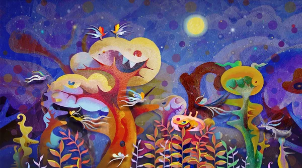 Imagination from the Night of the Twilight Zone, Oil paintings surreal forest fantasy landscape on canvas, Abstract bird is flying, Brush strokes paint, Modern, Contemporary art, Colorful texture, Fine art, Illustration art.