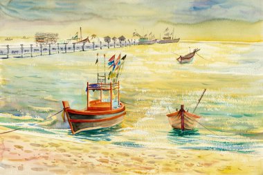 Watercolor seascape  original painting colorful of fishing boat  and emotion in sunshine and cloud bottom background clipart