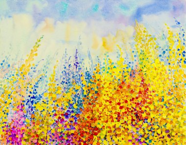 Soyut suluboya resim. Çiçek rengi. Fantezi, duygu ve gökyüzü ve bulut arka planı..