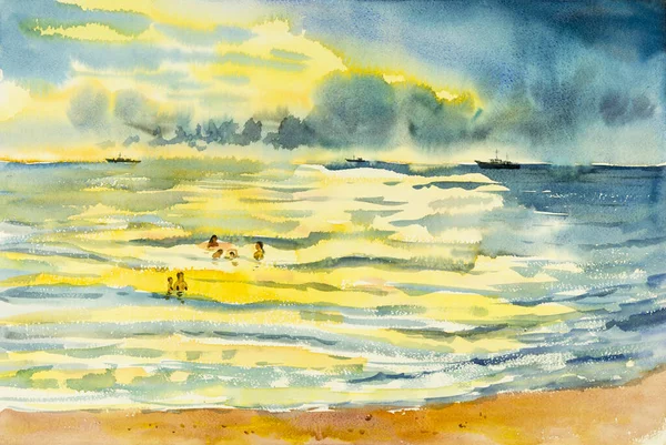 Watercolor Seascape Original Pintura Férias Família Luz Reflexiva Água Colorido — Fotografia de Stock