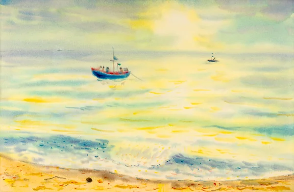 Watercolor landscape original painting colorful of seascape and fishing boat family in emotion in sun and cloud bottom background.