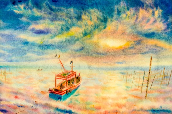 水彩画海景原画色彩艳丽的渔船家庭 阳光下的生活方式和情感 云底背景 绘画印象派插图 — 图库照片