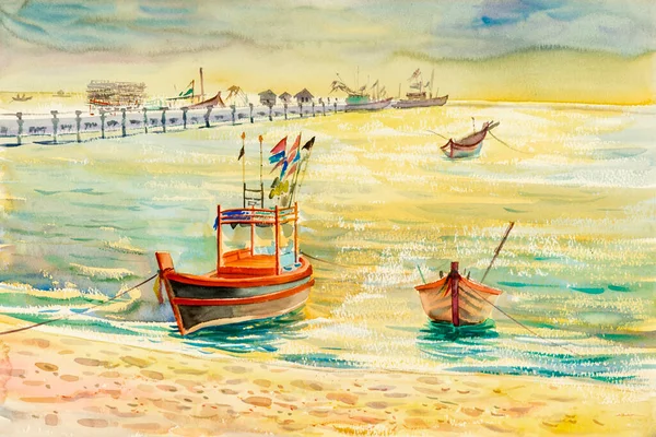 Watercolor Seascape Original Painting Colorful Fishing Boat Emotion Sunshine Cloud — Stock Photo, Image