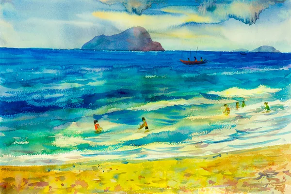 Acuarela Paisaje Marino Pintura Original Colorido Vacaciones Familiares Emoción Luz —  Fotos de Stock
