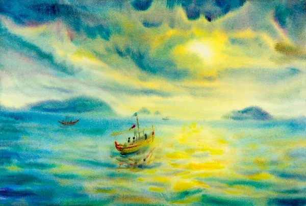 Abstract watercolor seascape original painting colorful of fishing boat family, lifestyle and emotion in solar clouds background. Painted Impressionist illustration