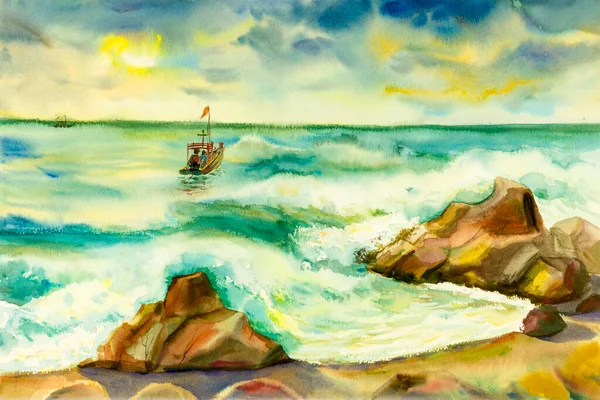 Watercolor seascape original painting colorful of fishing boat family, lifestyle and emotion in sun, sky clouds bottom background. Painted Impressionist illustration