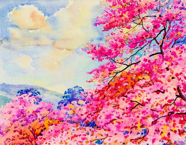 Abstract watercolor original landscape painting pink color of Wild Himalayan cherry and emotion in sky blue background.