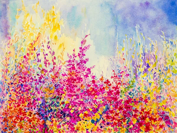 Abstract  watercolor original landscape painting  imagination colorful of beauty flowers and emotion in blue background.