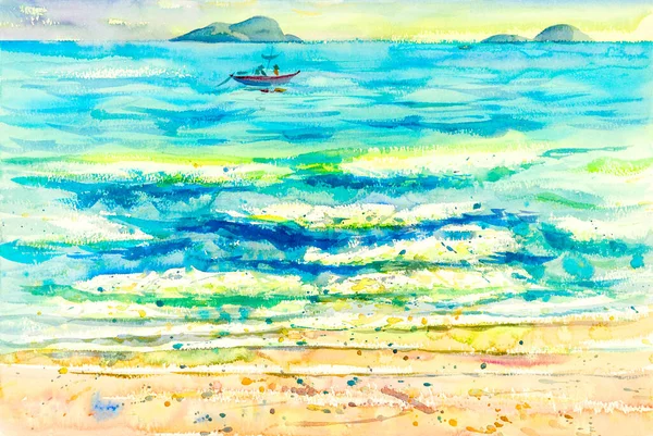 Watercolor Seascape Pintura Original Colorido Família Barco Pesca Estilo Vida — Fotografia de Stock