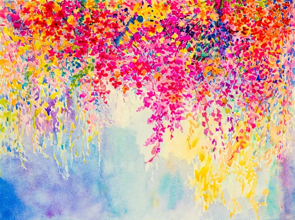 Abstract  watercolor original landscape painting  imagination colorful of beauty flowers and emotion in blue background.