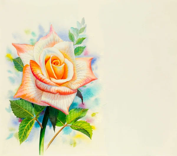 Aquarelle Peinture Originale Réaliste Fleur Orange Rose Feuilles Vertes Fond — Photo