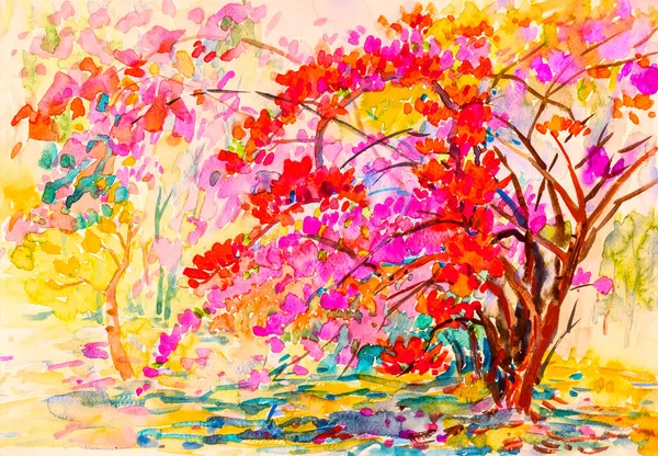 Watercolor landscape original painting colorful of paper flower in the garden and emotion in abstract background