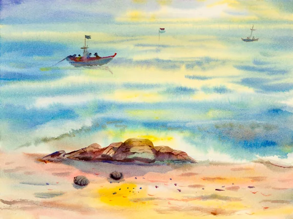 Watercolor Seascape Original Painting Colorful Fishing Boat Family Reflections Water — Stock Photo, Image