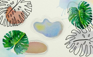 Asgari ve doğal duvar sanatı. Botanik duvar resimleri soyut şekilli yaprak çizimleri çiziyor. Baskı, kapak, duvar kağıdı, beyaz üzerine suluboya çizim için soyut bitki sanatı tasarımı.