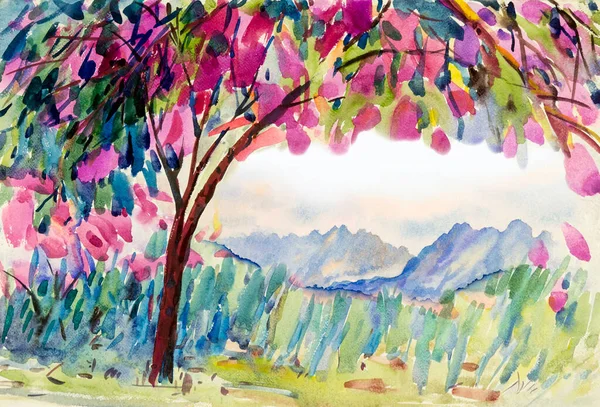 Watercolor landscape painting panorama of natural beauty colorful flowers tree and mountain forest with sky cloud  background in nature spring season. Painted impressionist, illustration image